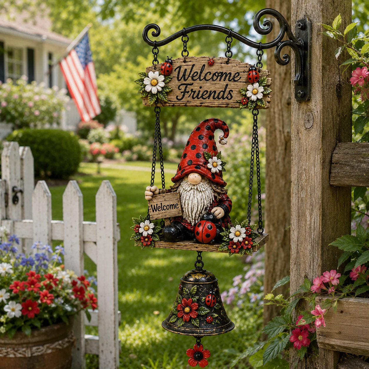 Bee Garden Gnome Welcome Hanging Wind Chime – Rustic Outdoor Yard & Porch Decor