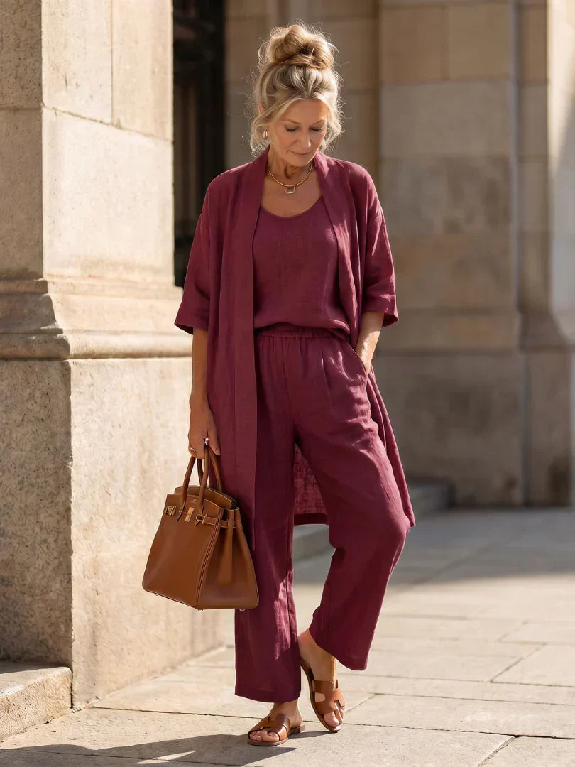 Linen Matching Set for Women – Duster Cardigan, Tank & Wide-Leg Pants – Effortless Resort Wear