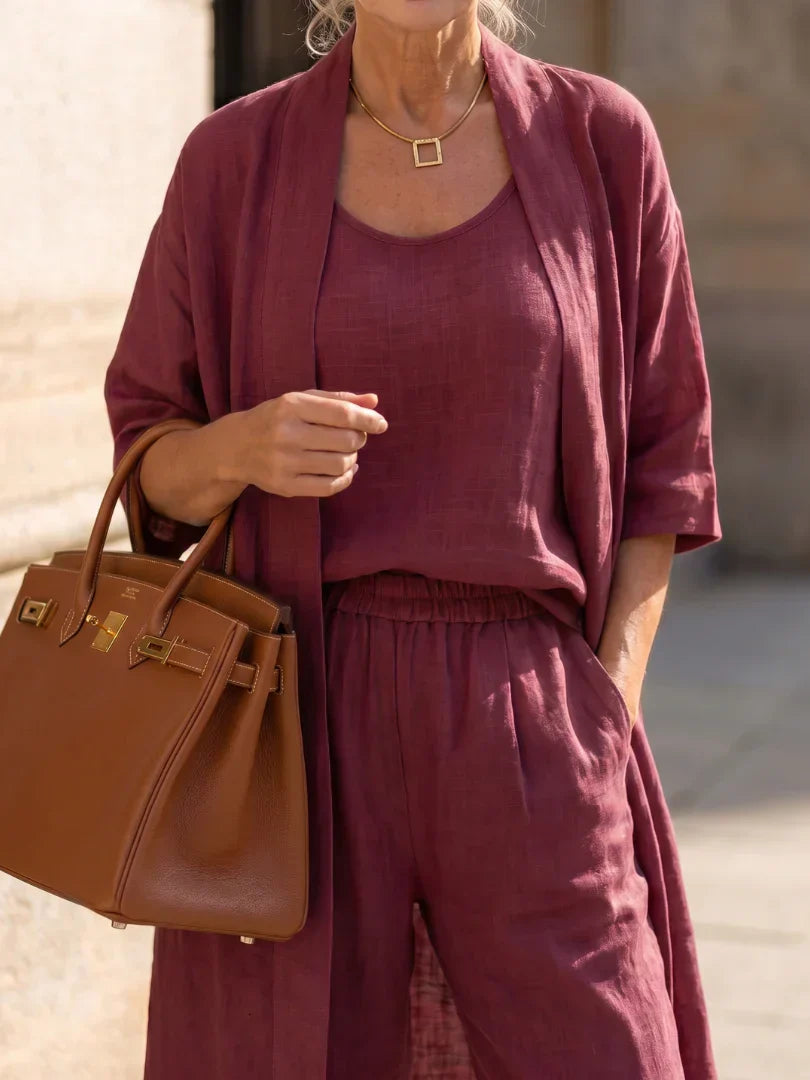 Linen Matching Set for Women – Duster Cardigan, Tank & Wide-Leg Pants – Effortless Resort Wear