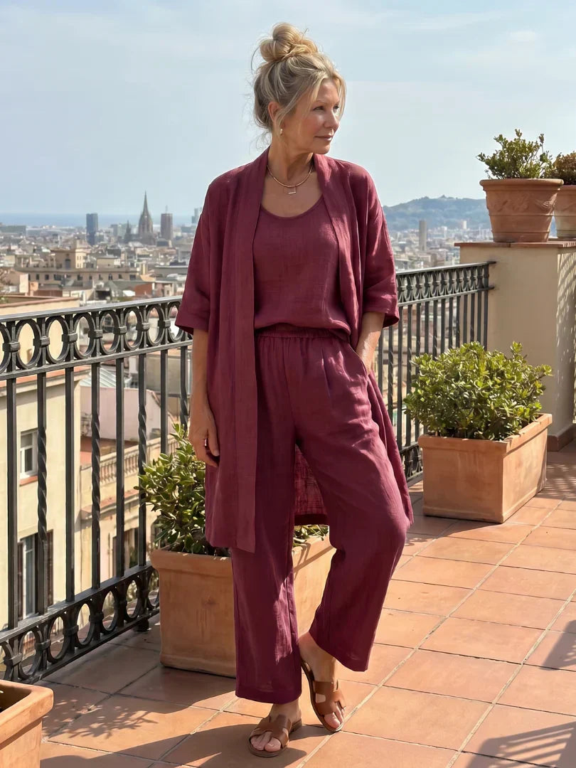 Linen Matching Set for Women – Duster Cardigan, Tank & Wide-Leg Pants – Effortless Resort Wear