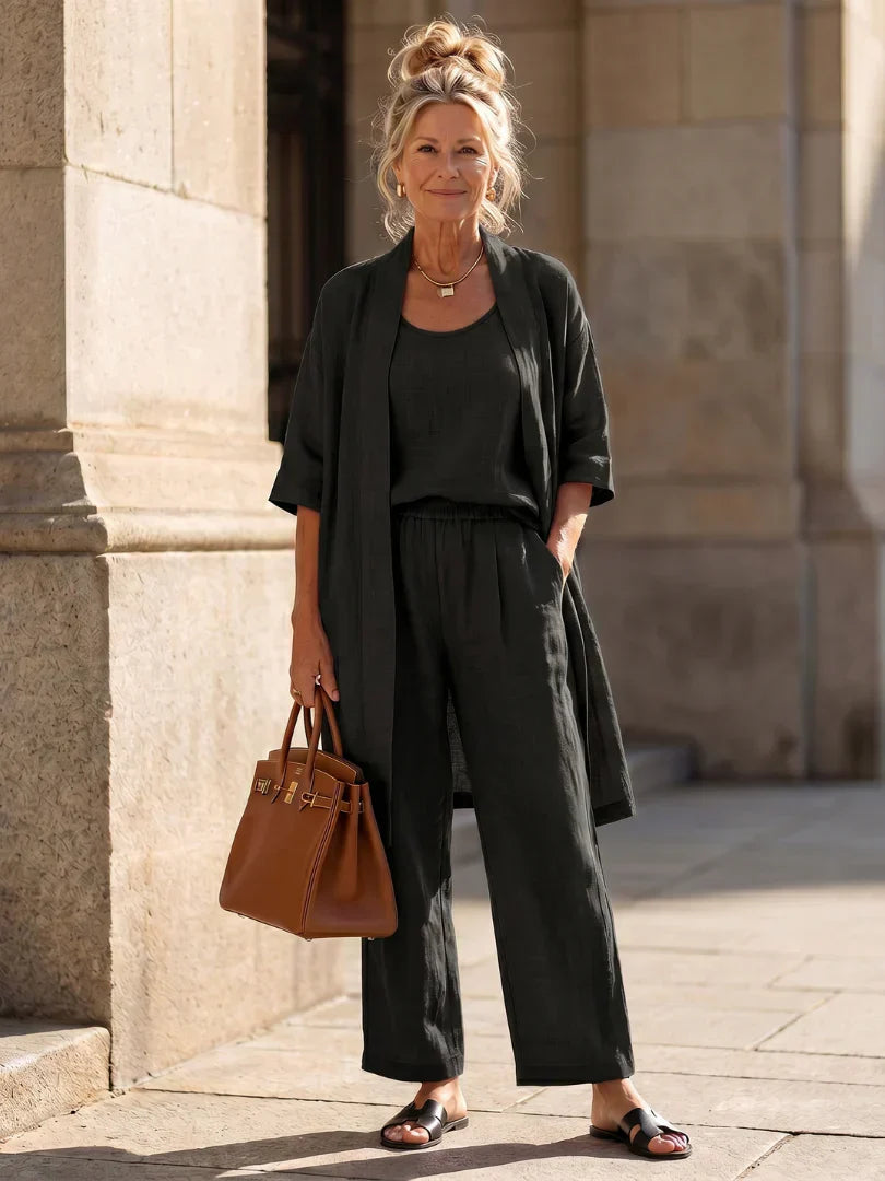 Linen Matching Set for Women – Duster Cardigan, Tank & Wide-Leg Pants – Effortless Resort Wear