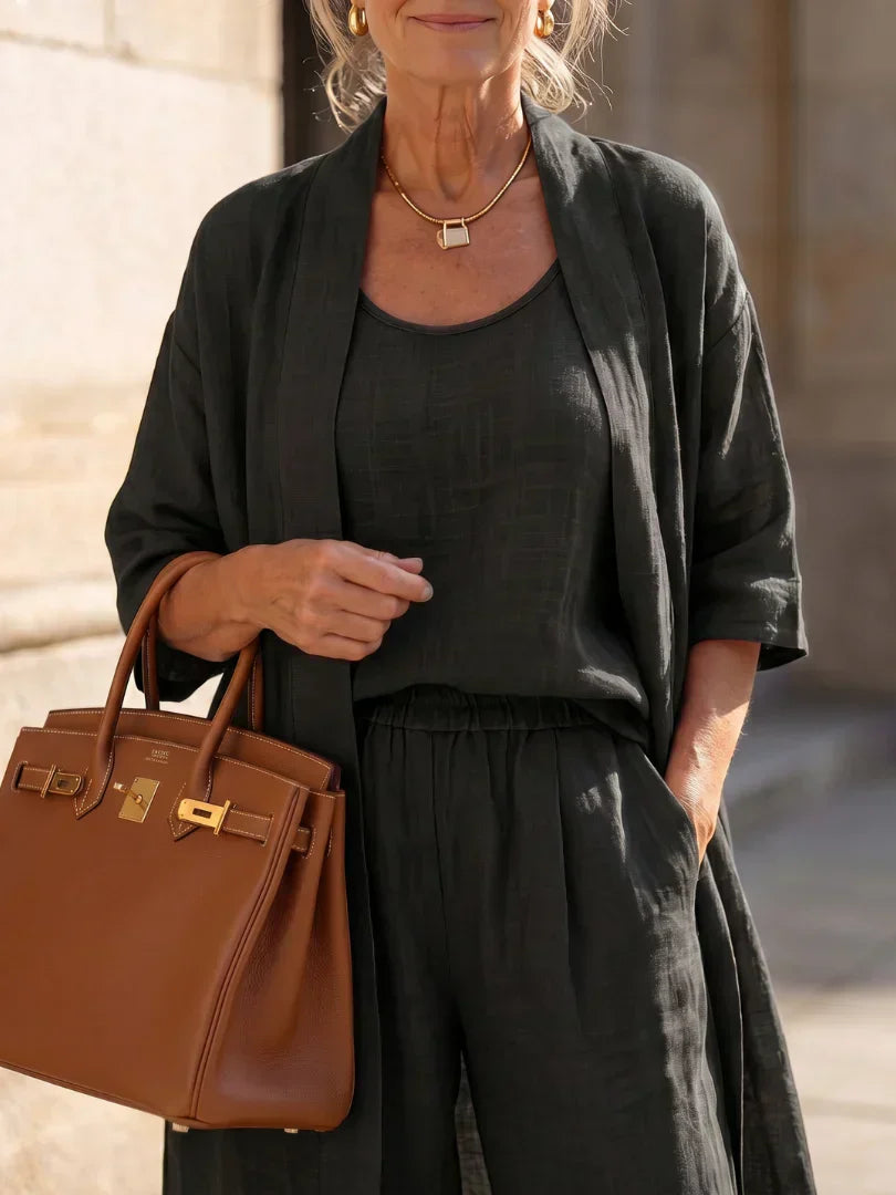 Linen Matching Set for Women – Duster Cardigan, Tank & Wide-Leg Pants – Effortless Resort Wear