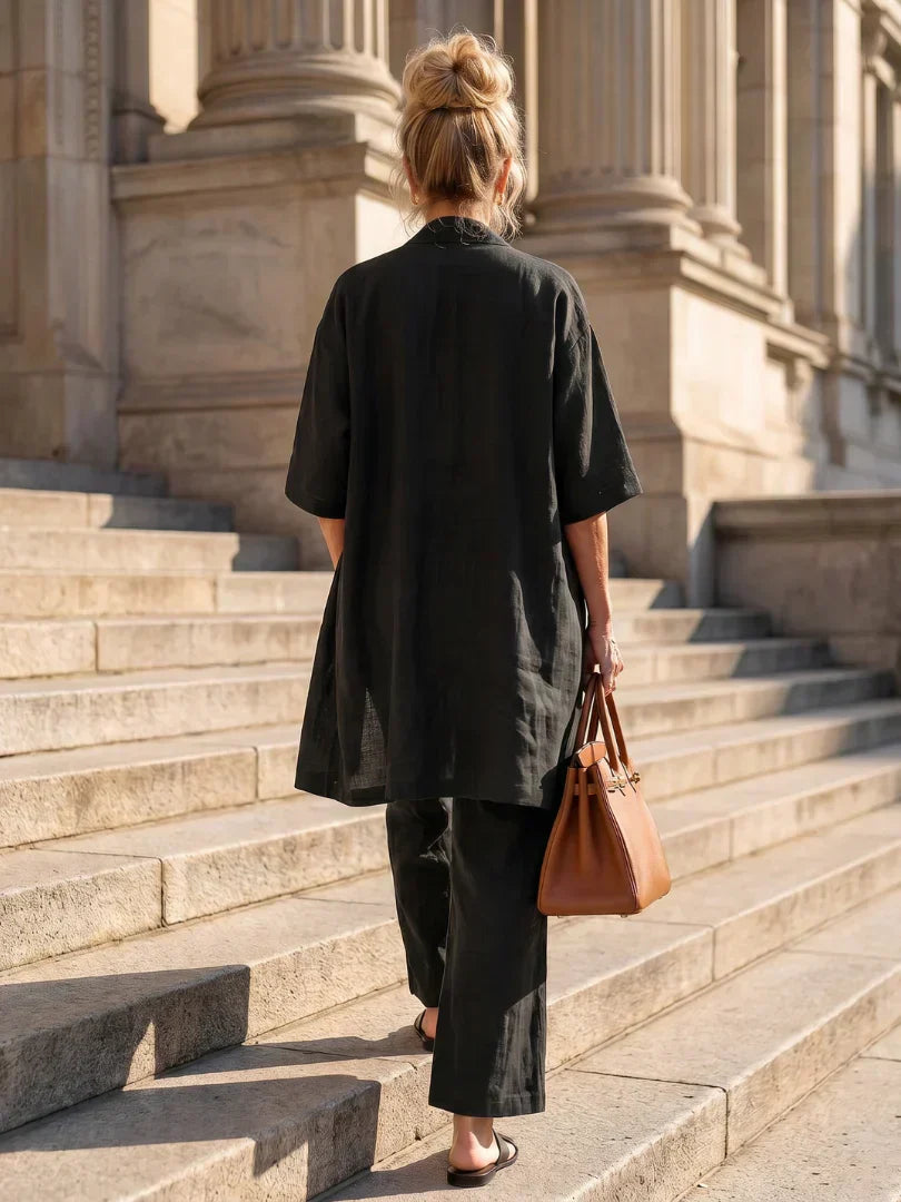Linen Matching Set for Women – Duster Cardigan, Tank & Wide-Leg Pants – Effortless Resort Wear