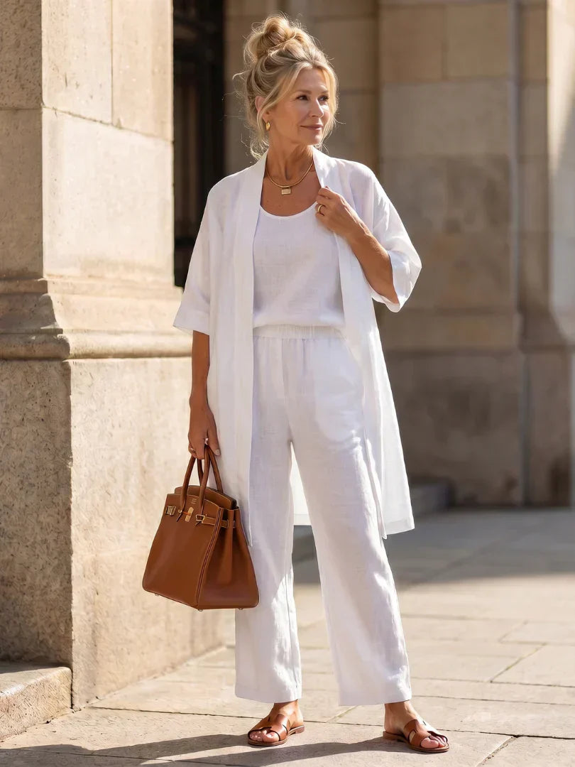 Linen Matching Set for Women – Duster Cardigan, Tank & Wide-Leg Pants – Effortless Resort Wear
