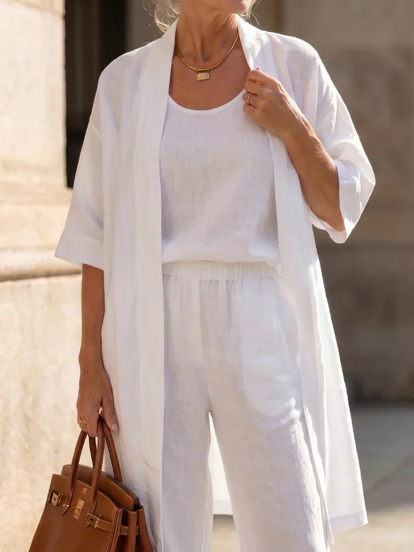 Linen Matching Set for Women – Duster Cardigan, Tank & Wide-Leg Pants – Effortless Resort Wear