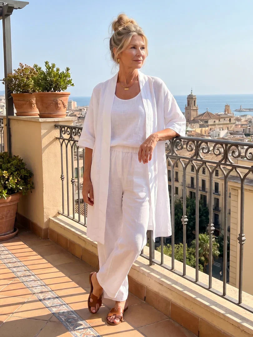 Linen Matching Set for Women – Duster Cardigan, Tank & Wide-Leg Pants – Effortless Resort Wear