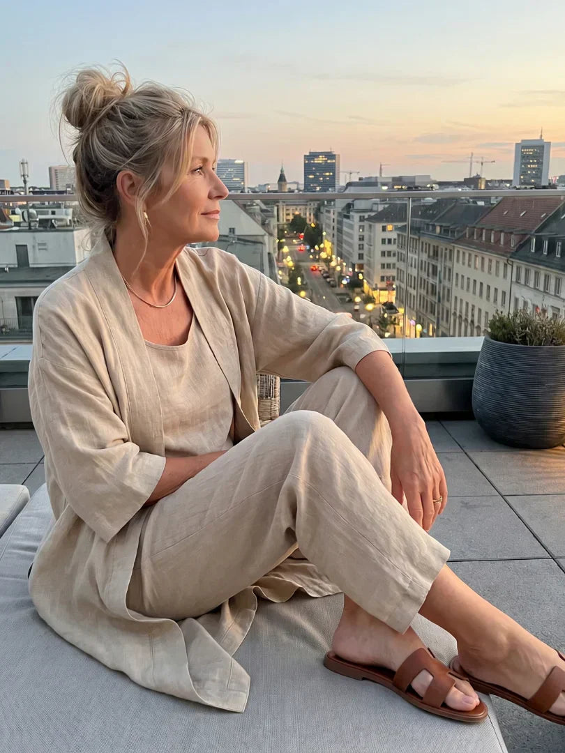 Linen Matching Set for Women – Duster Cardigan, Tank & Wide-Leg Pants – Effortless Resort Wear