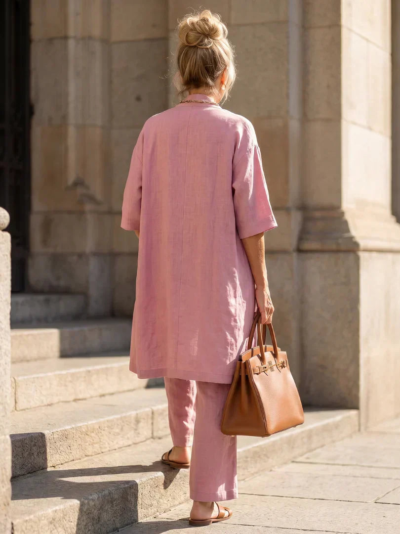 Linen Matching Set for Women – Duster Cardigan, Tank & Wide-Leg Pants – Effortless Resort Wear