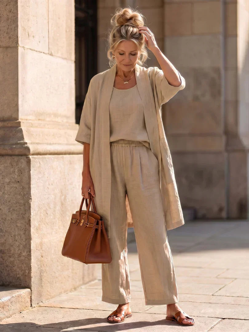 Linen Matching Set for Women – Duster Cardigan, Tank & Wide-Leg Pants – Effortless Resort Wear