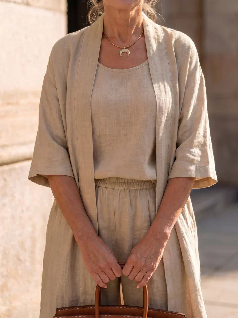 Linen Matching Set for Women – Duster Cardigan, Tank & Wide-Leg Pants – Effortless Resort Wear