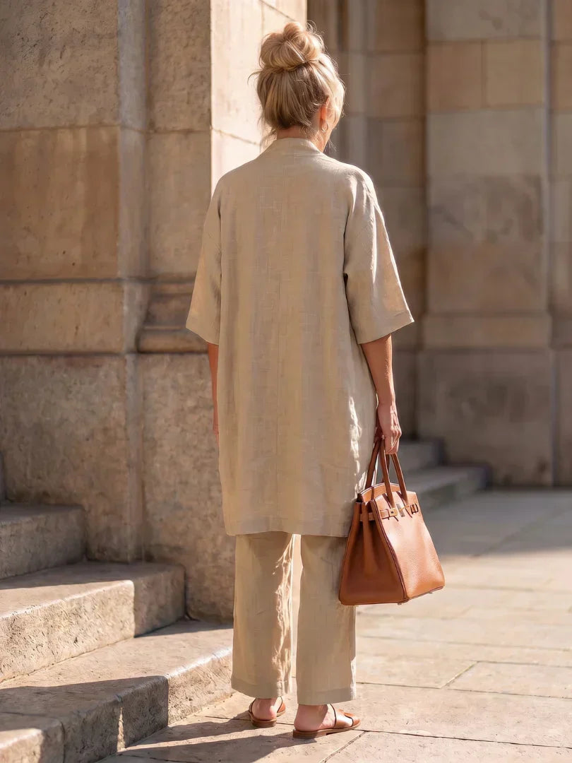 Linen Matching Set for Women – Duster Cardigan, Tank & Wide-Leg Pants – Effortless Resort Wear