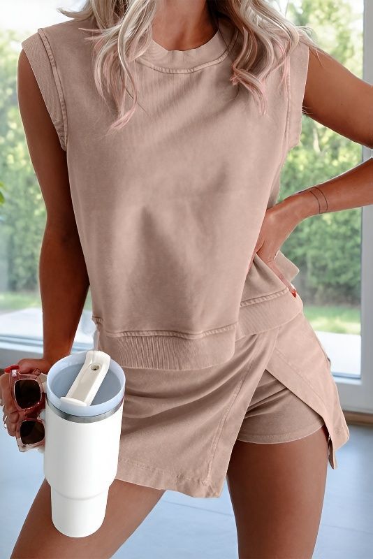Women's 2-Piece Set – Sleeveless Crewneck Top & Wrap Shorts | Casual Athleisure Outfit
