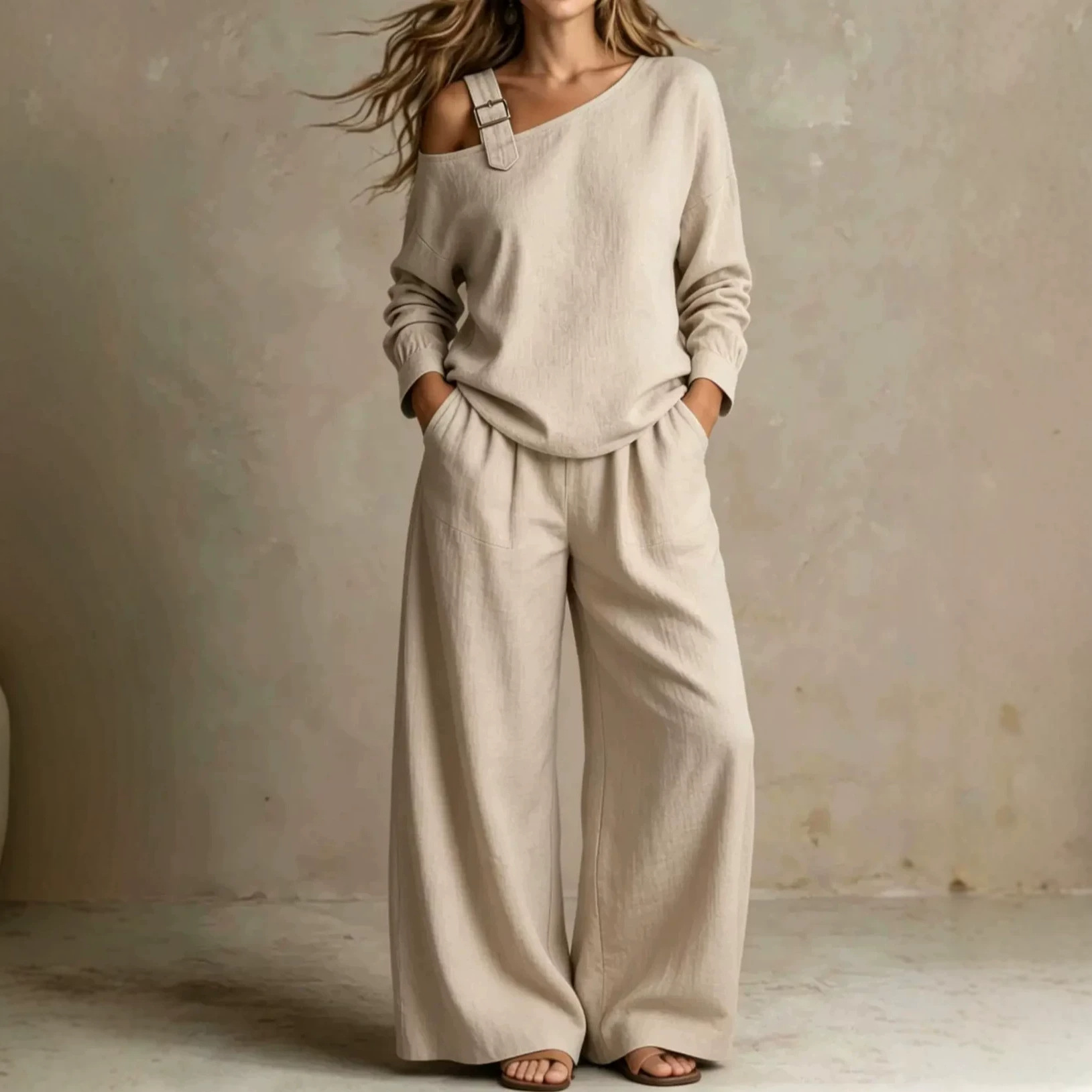 2026 Hot-selling women's casual loose trendy off-shoulder linen blend two-piece set