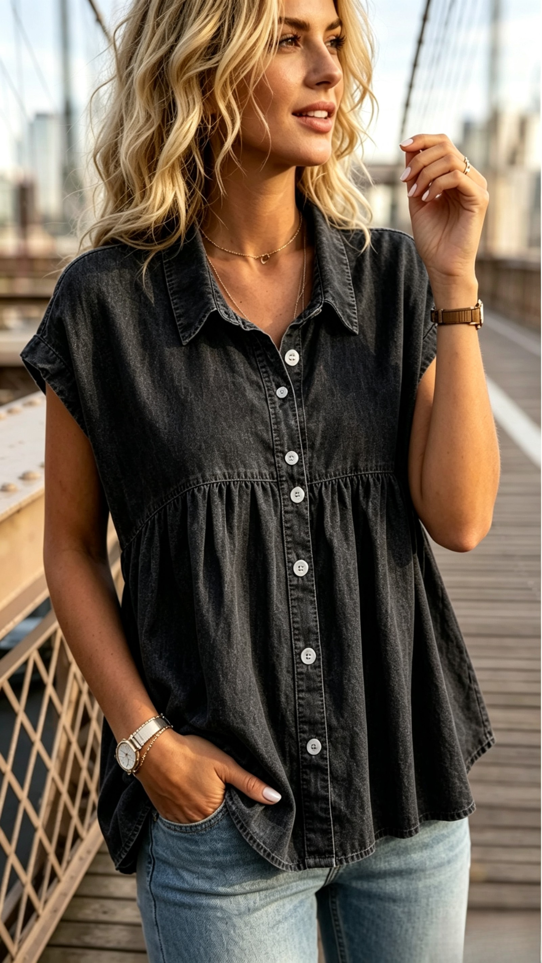 Stylish Soft Casual Commuter Denim-Look Blouse