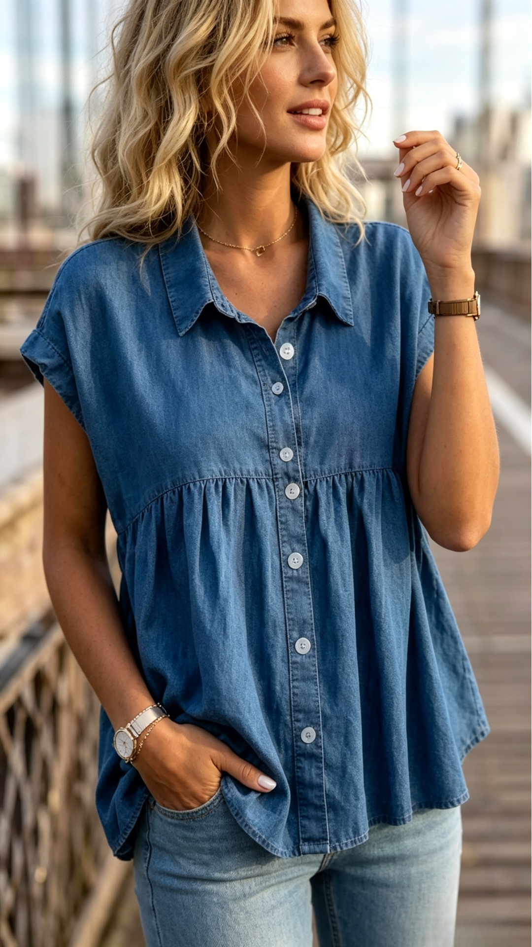Stylish Soft Casual Commuter Denim-Look Blouse