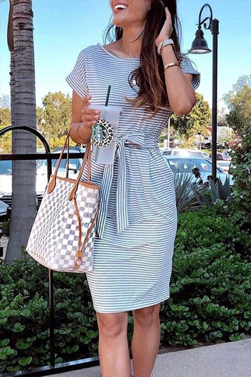 🔥Short Sleeve Tie Waist Pockets Striped Dress🔥
