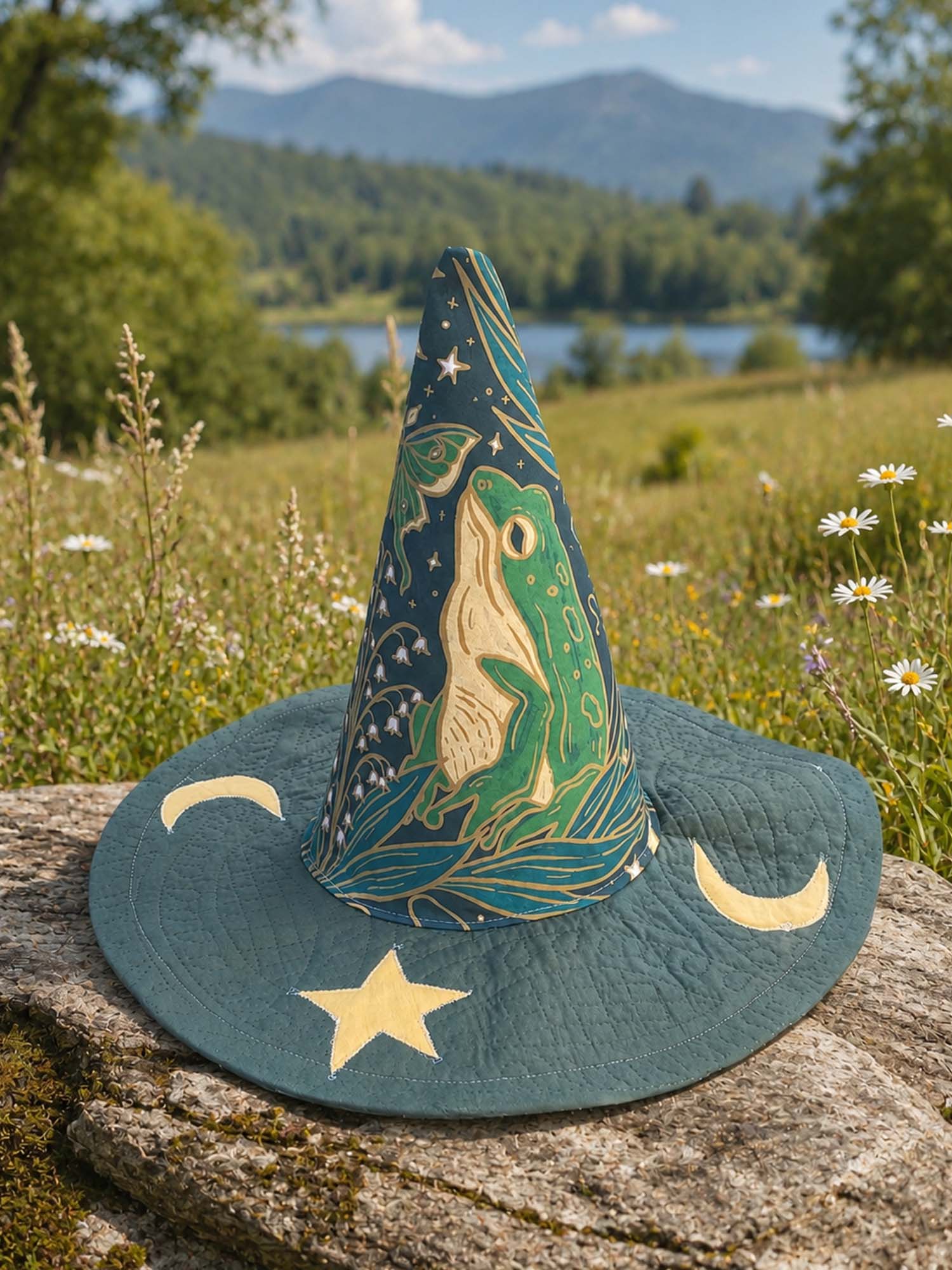 Celestial Frog Handcrafted Quilted Witch Hat