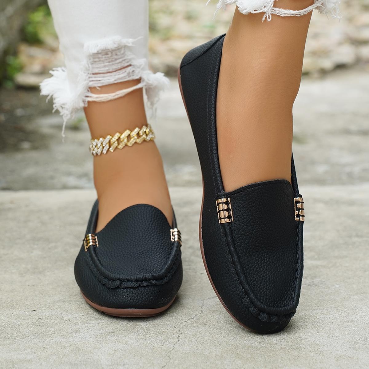Women's Classic Plain Low Heel Shoes, Fashionable and Sexy, High-End Slanted Metal Chain Decoration, Comfortable Casual Footwear, Everyday Wear Footwear