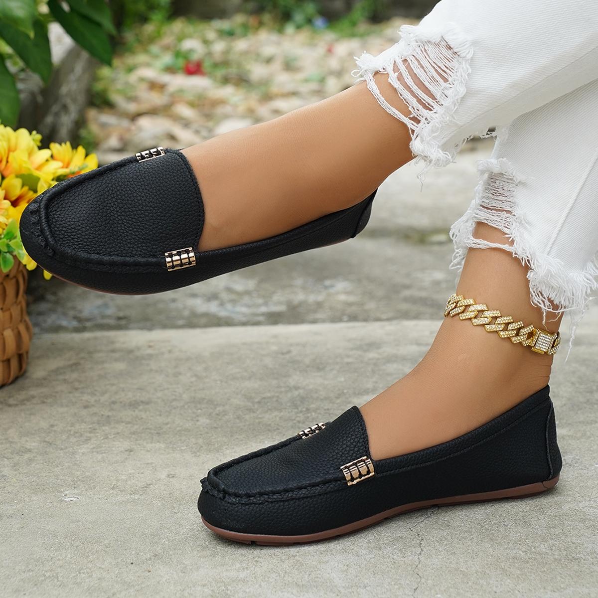 Women's Classic Plain Low Heel Shoes, Fashionable and Sexy, High-End Slanted Metal Chain Decoration, Comfortable Casual Footwear, Everyday Wear Footwear