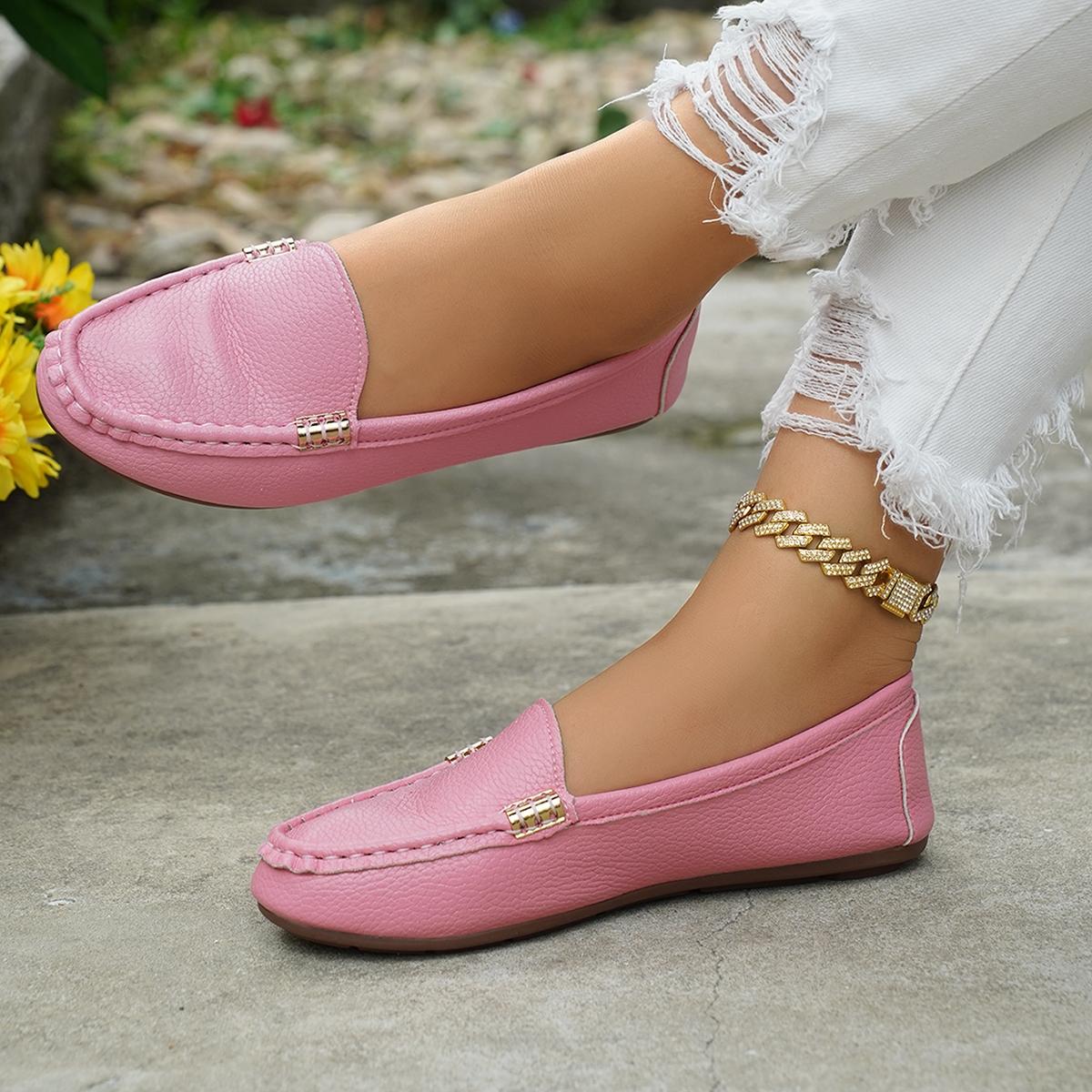 Women's Classic Plain Low Heel Shoes, Fashionable and Sexy, High-End Slanted Metal Chain Decoration, Comfortable Casual Footwear, Everyday Wear Footwear
