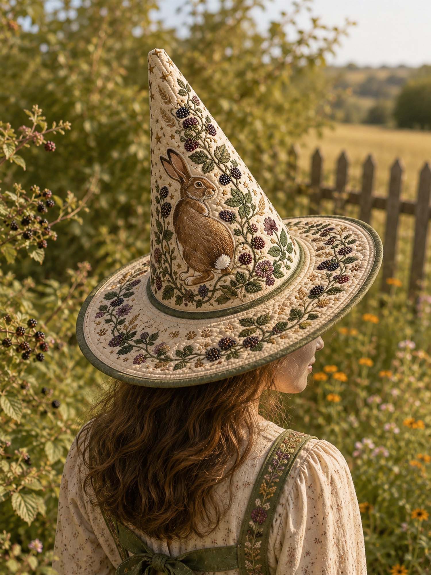 Woodland Rabbit Cottagecore Botanical Handcrafted Quilted Witch Hat