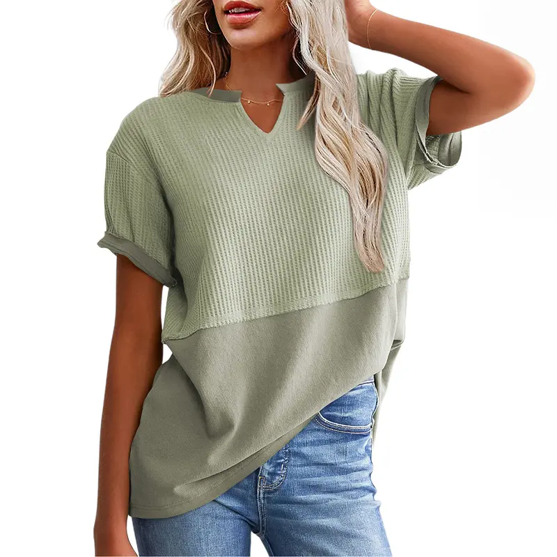SHEWIN Cozy Oversized Waffle Knit V-Neck Top - Plus Size
