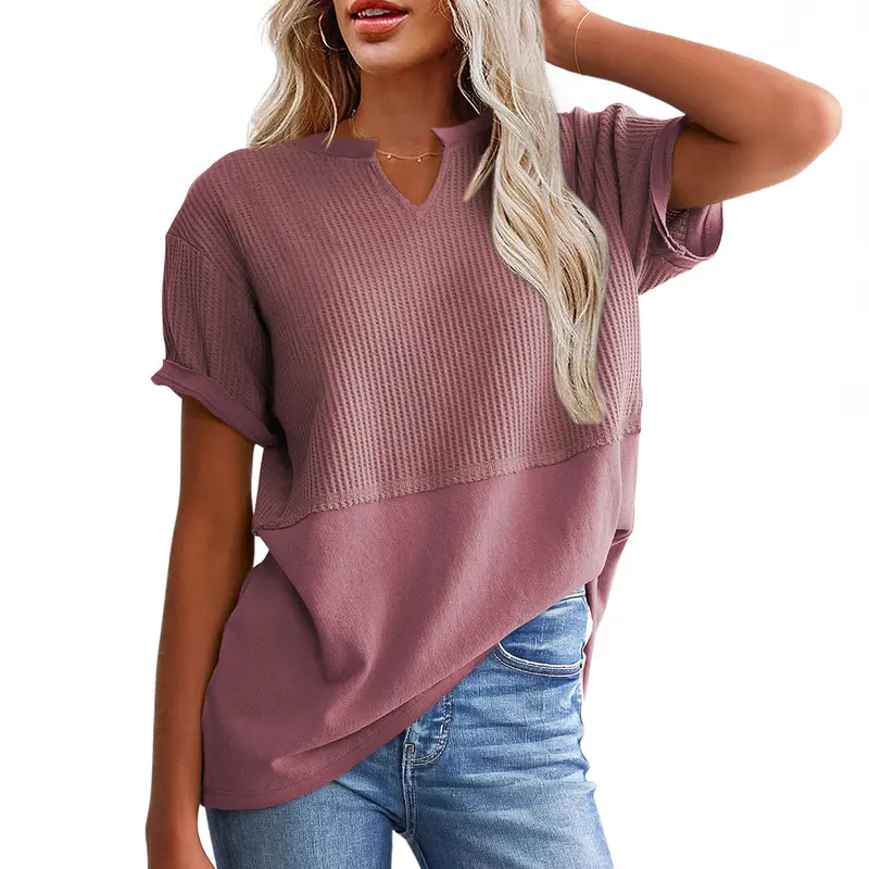 SHEWIN Cozy Oversized Waffle Knit V-Neck Top - Plus Size
