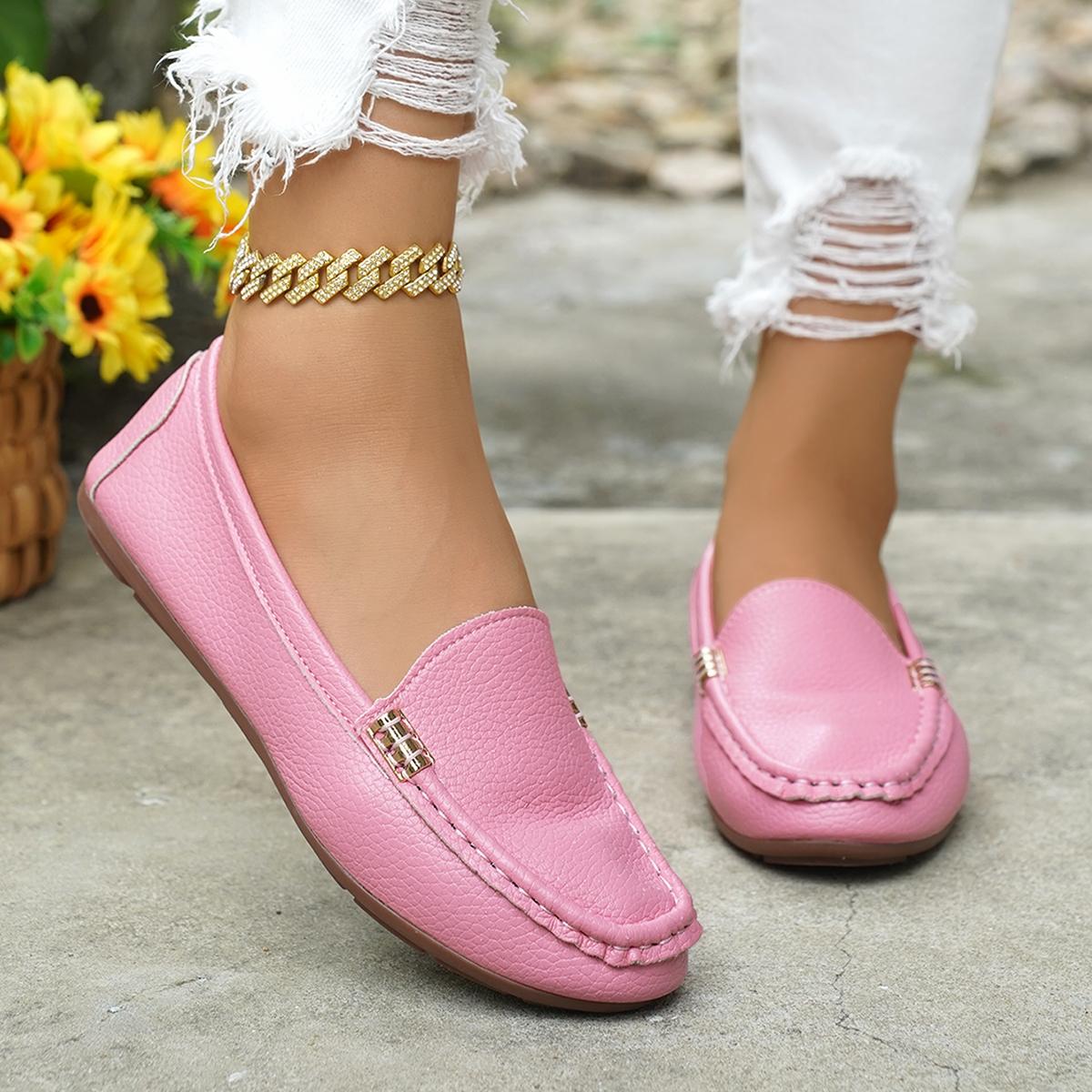 Women's Classic Plain Low Heel Shoes, Fashionable and Sexy, High-End Slanted Metal Chain Decoration, Comfortable Casual Footwear, Everyday Wear Footwear