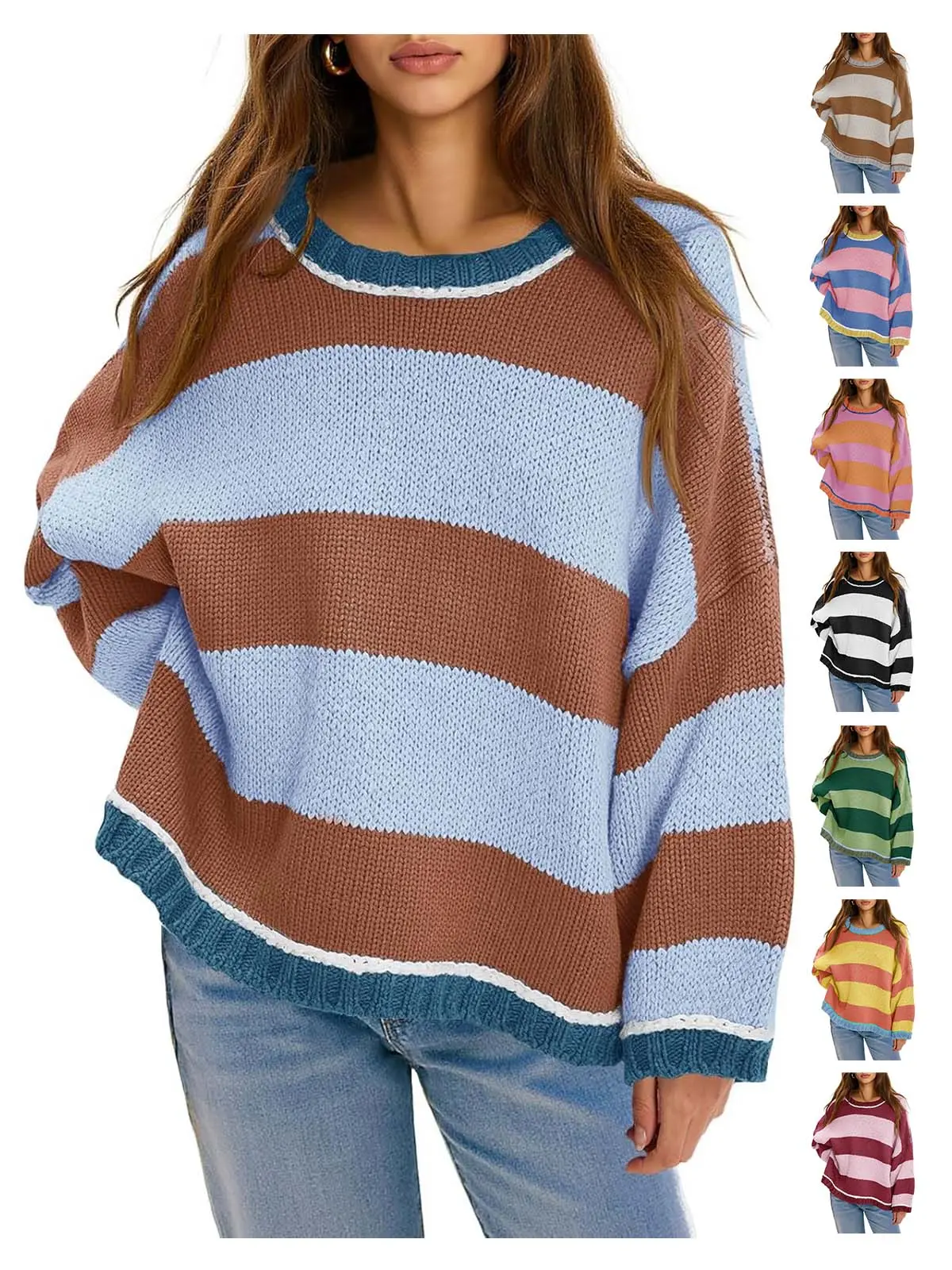 FISOEW Womens Oversized Color Block Sweater - Casual Pullover
