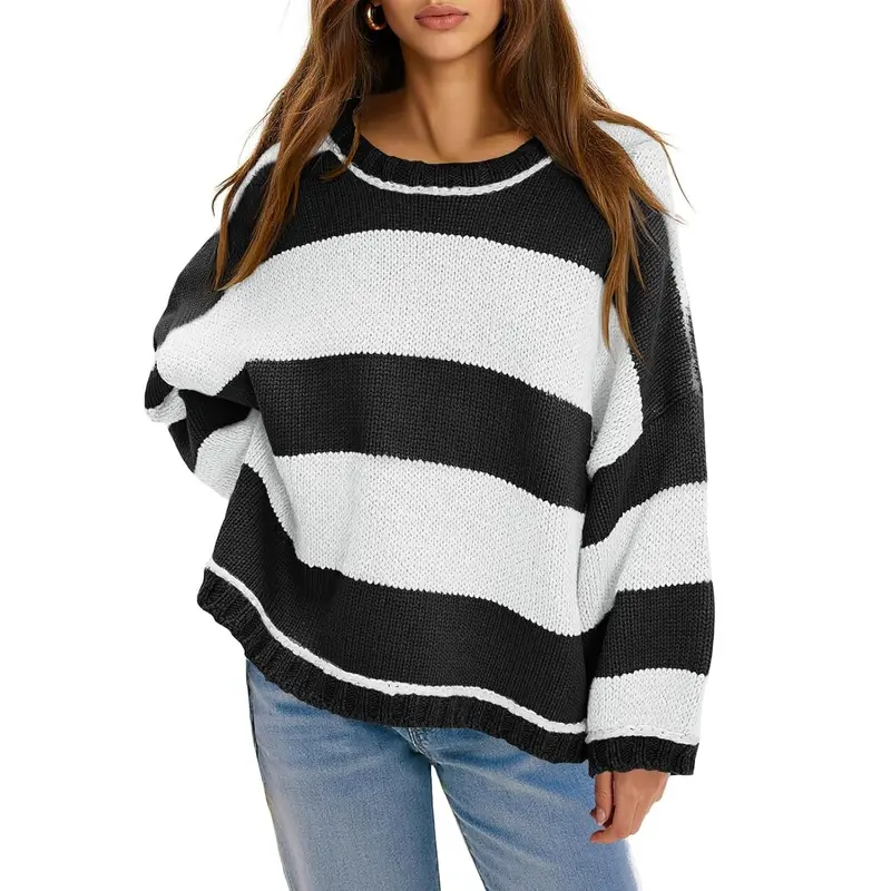 FISOEW Womens Oversized Color Block Sweater - Casual Pullover