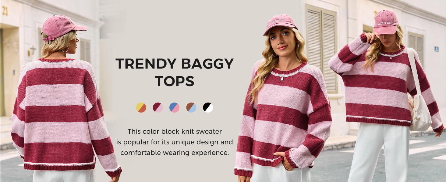 FISOEW Womens Oversized Sweaters Casual Long Sleeve Color Block Crewneck Knitted Loose Fall Pullover Tops Womenswear Knitwear Fit Comfy #TikTokShopHolidayHaul Soft Overall Everyday