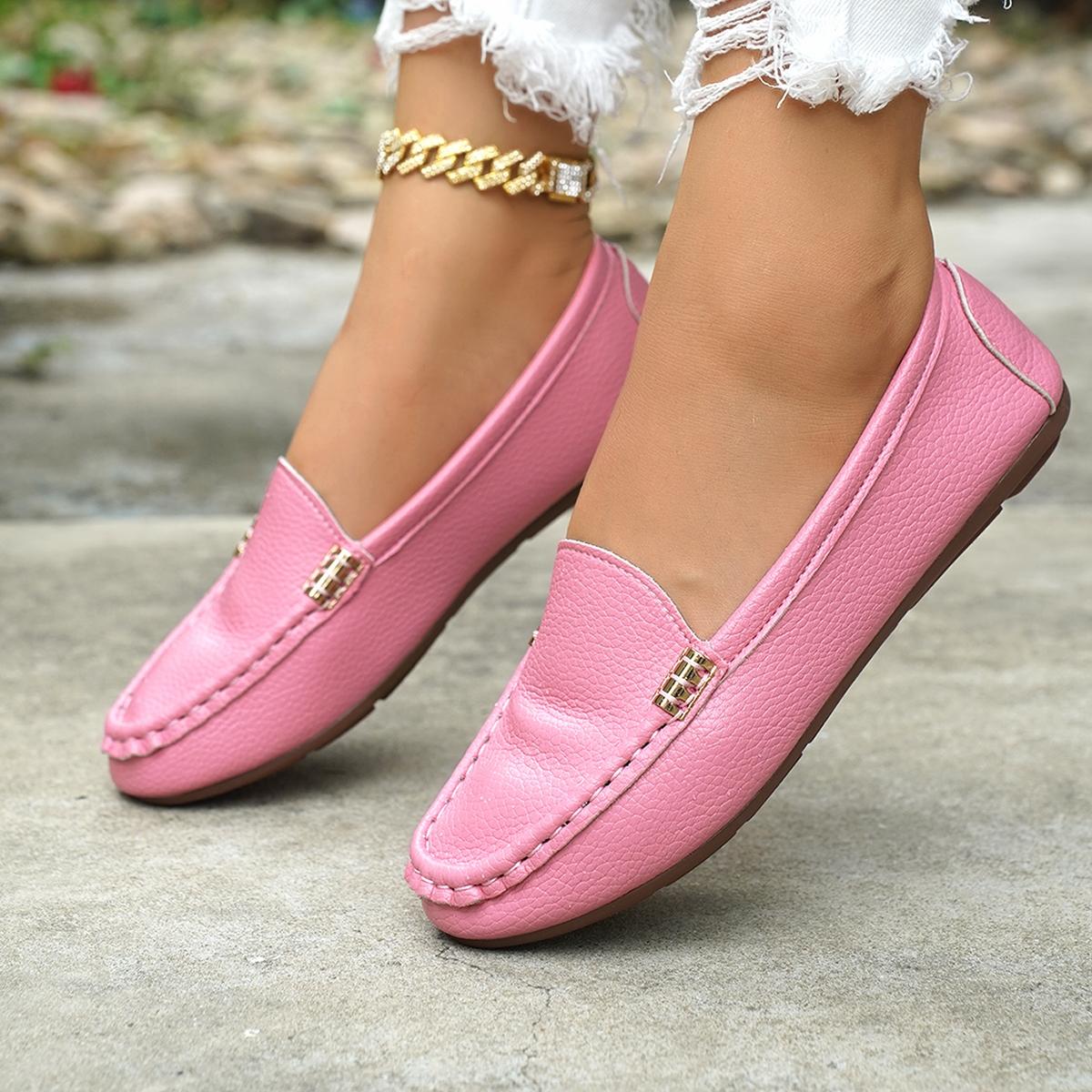Women's Classic Plain Low Heel Shoes, Fashionable and Sexy, High-End Slanted Metal Chain Decoration, Comfortable Casual Footwear, Everyday Wear Footwear