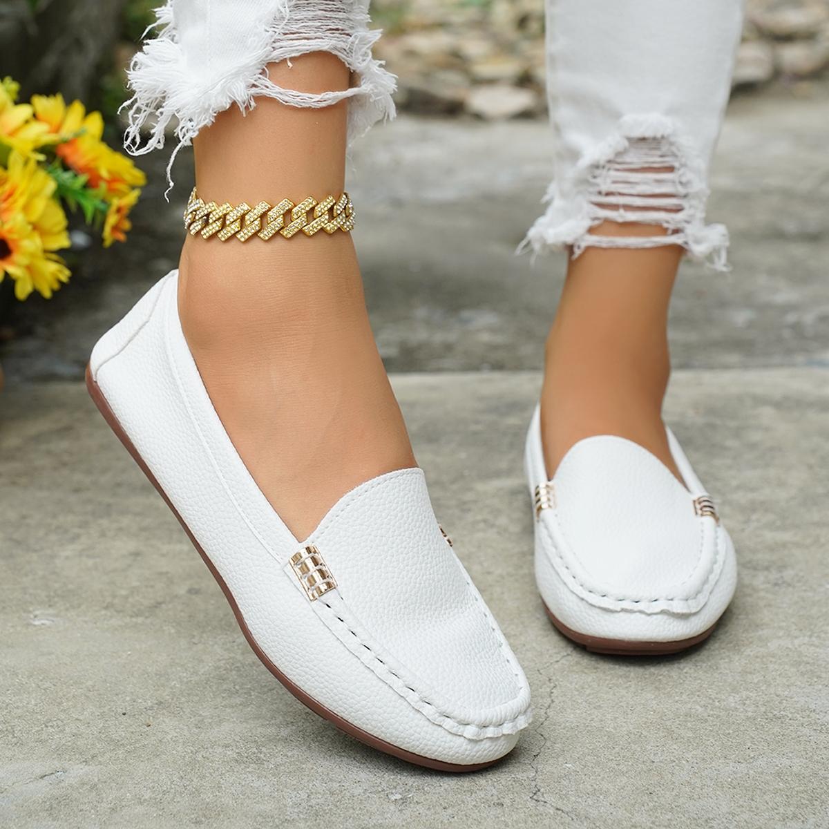 Women's Classic Plain Low Heel Shoes, Fashionable and Sexy, High-End Slanted Metal Chain Decoration, Comfortable Casual Footwear, Everyday Wear Footwear