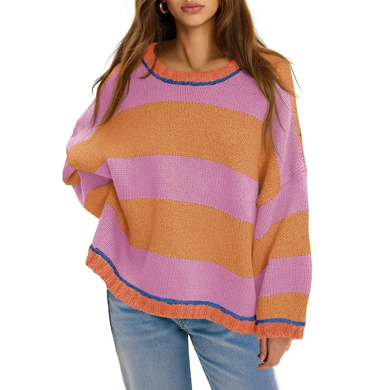 FISOEW Womens Oversized Color Block Sweater - Casual Pullover