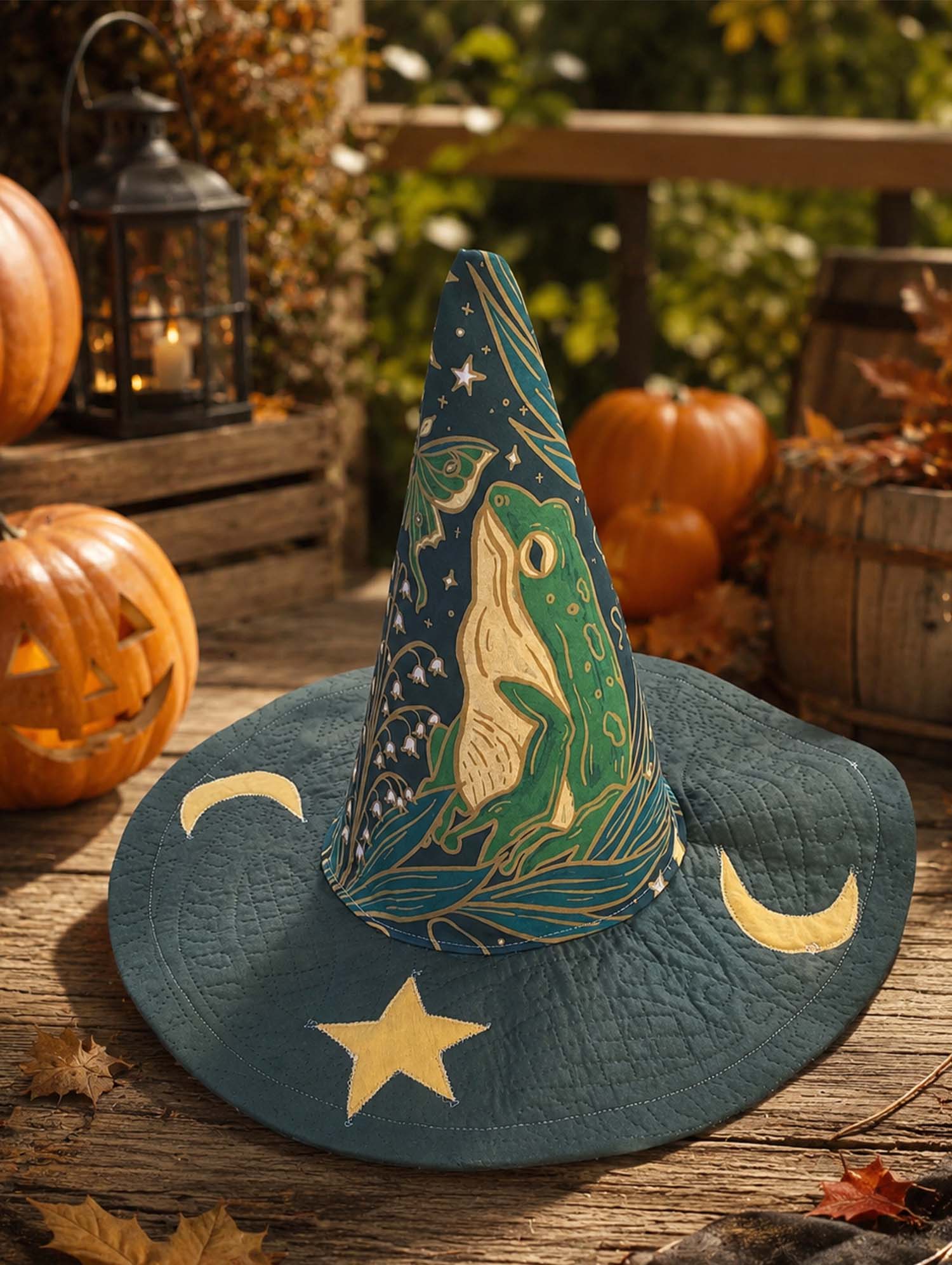 Celestial Frog Handcrafted Quilted Witch Hat