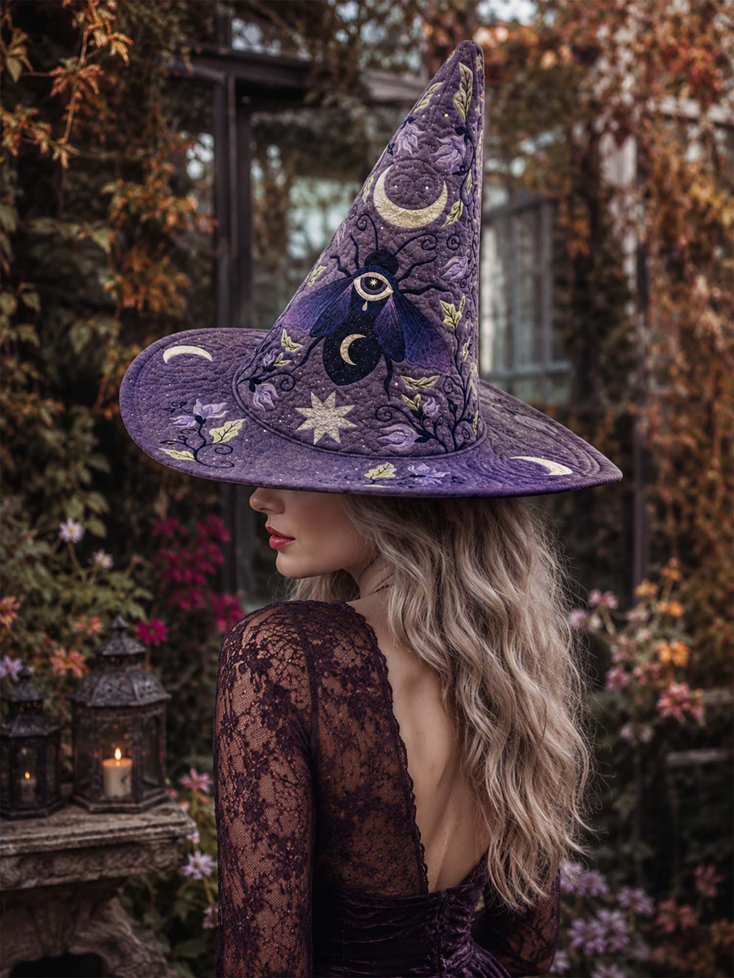 Purple Moon Mystic Celestial Handcrafted Quilted Witch Hat