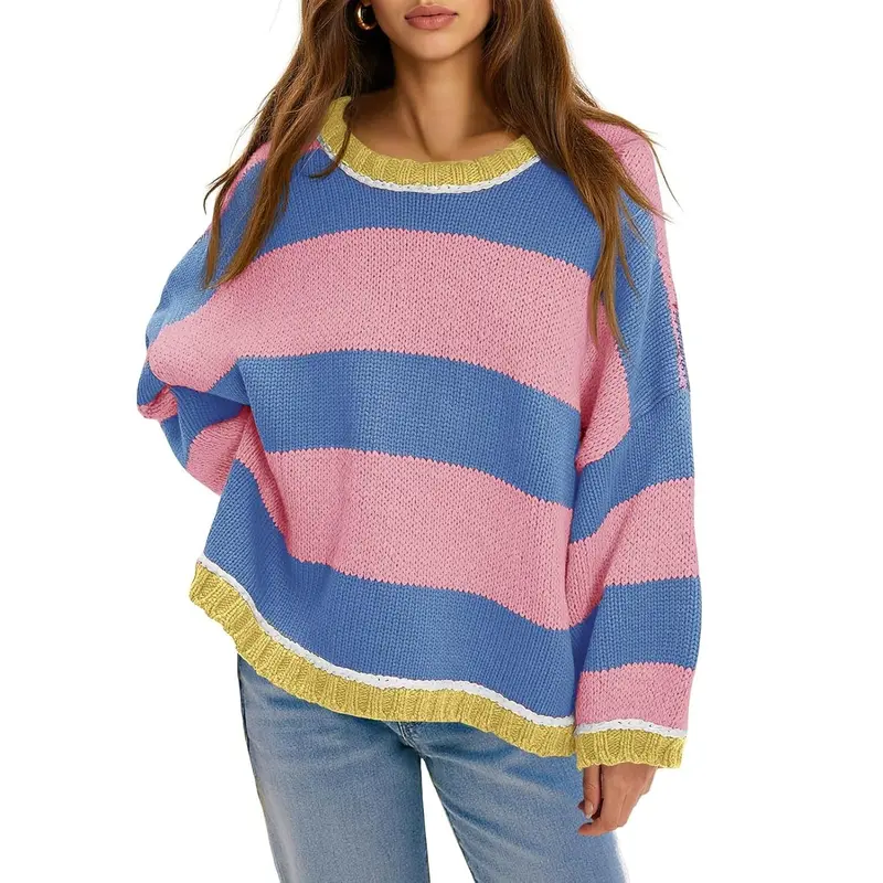 FISOEW Womens Oversized Color Block Sweater - Casual Pullover