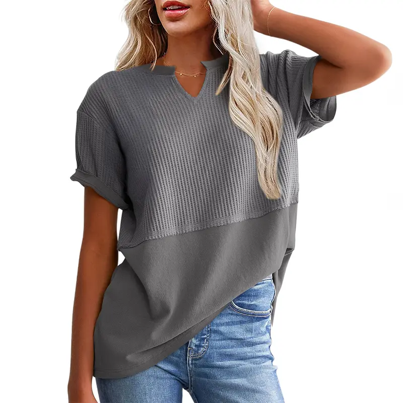 SHEWIN Cozy Oversized Waffle Knit V-Neck Top - Plus Size