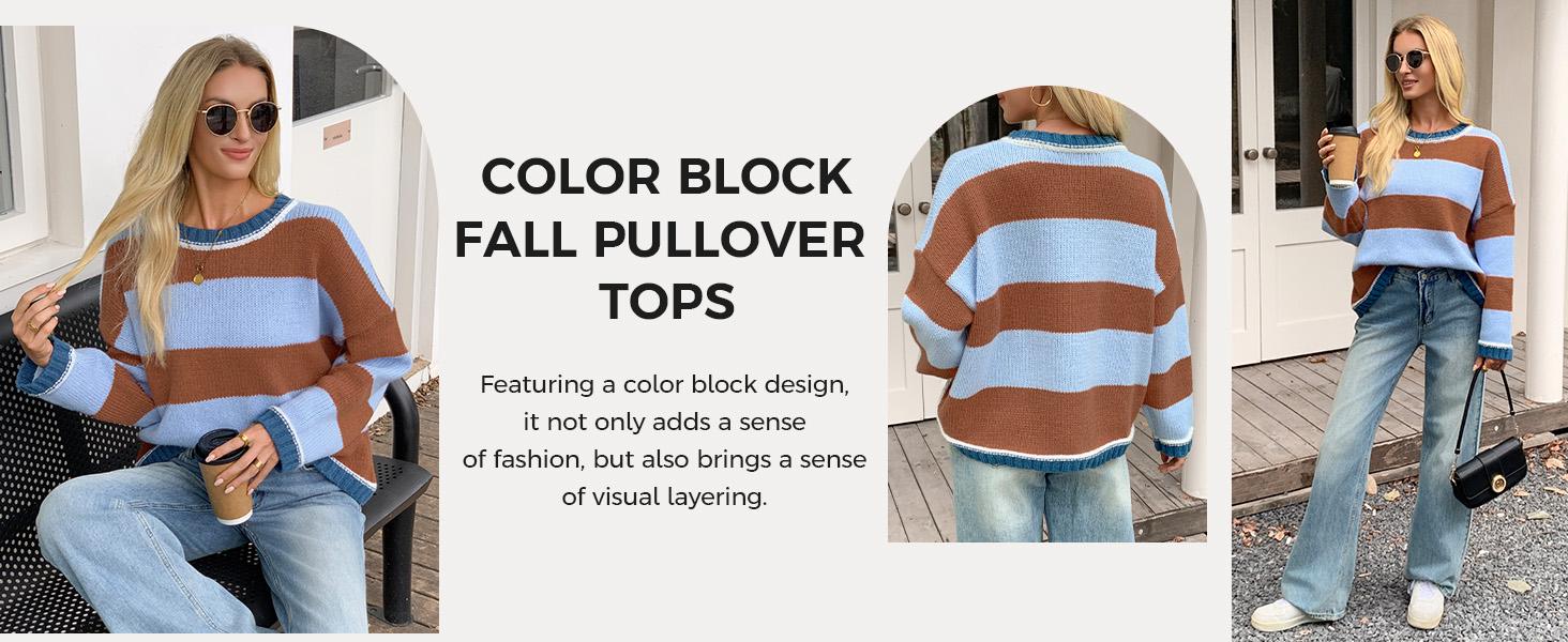 FISOEW Womens Oversized Sweaters Casual Long Sleeve Color Block Crewneck Knitted Loose Fall Pullover Tops Womenswear Knitwear Fit Comfy #TikTokShopHolidayHaul Soft Overall Everyday