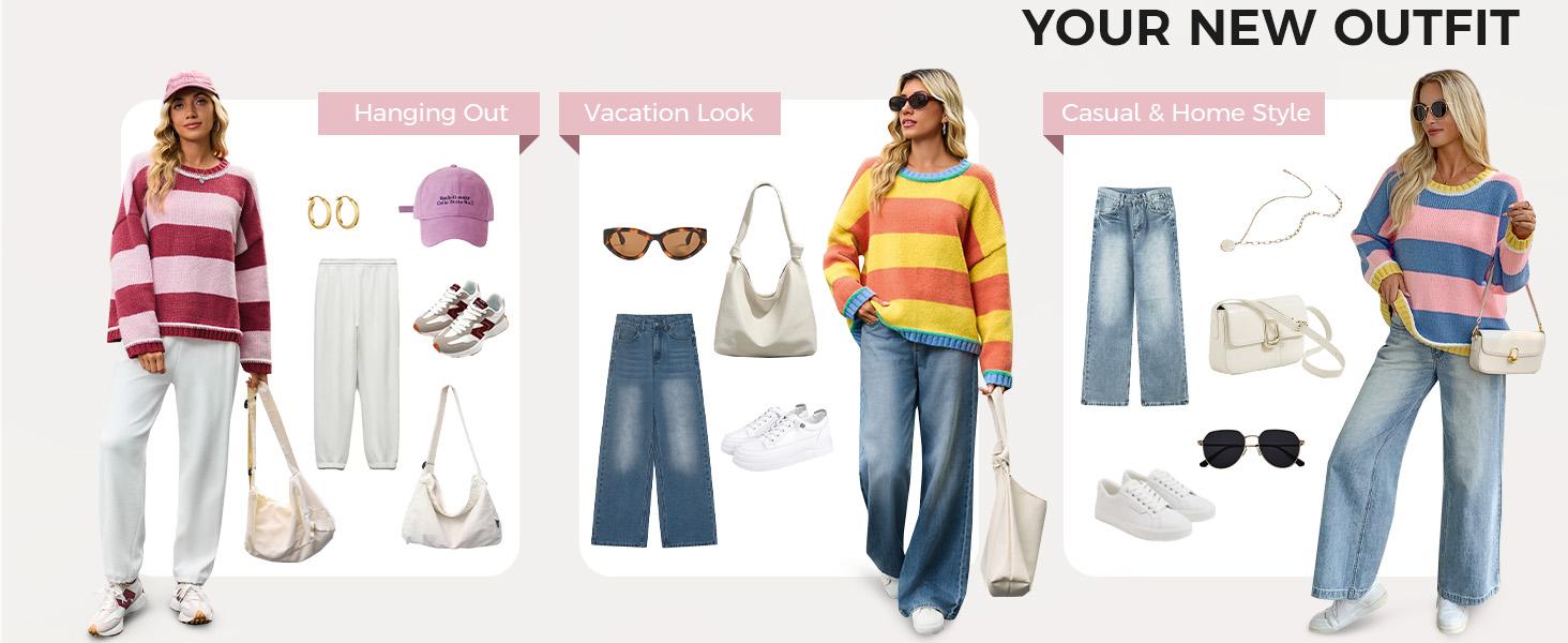 FISOEW Womens Oversized Sweaters Casual Long Sleeve Color Block Crewneck Knitted Loose Fall Pullover Tops Womenswear Knitwear Fit Comfy #TikTokShopHolidayHaul Soft Overall Everyday