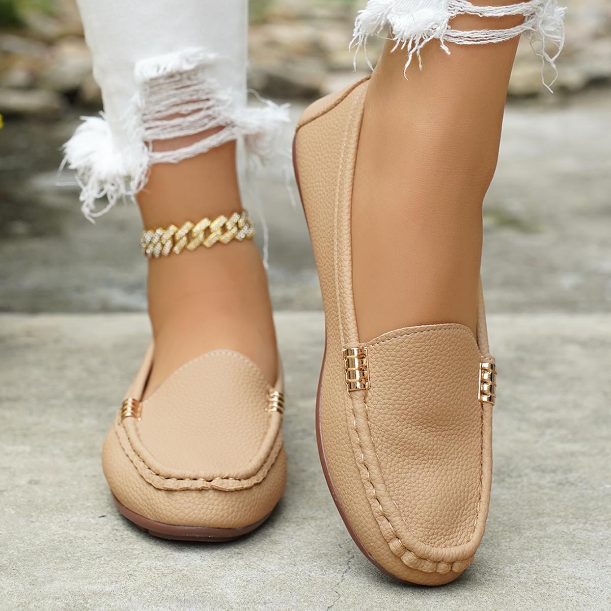 Women's Classic Plain Low Heel Shoes, Fashionable and Sexy, High-End Slanted Metal Chain Decoration, Comfortable Casual Footwear, Everyday Wear Footwear