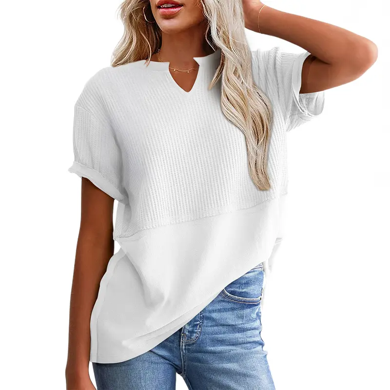 SHEWIN Cozy Oversized Waffle Knit V-Neck Top - Plus Size