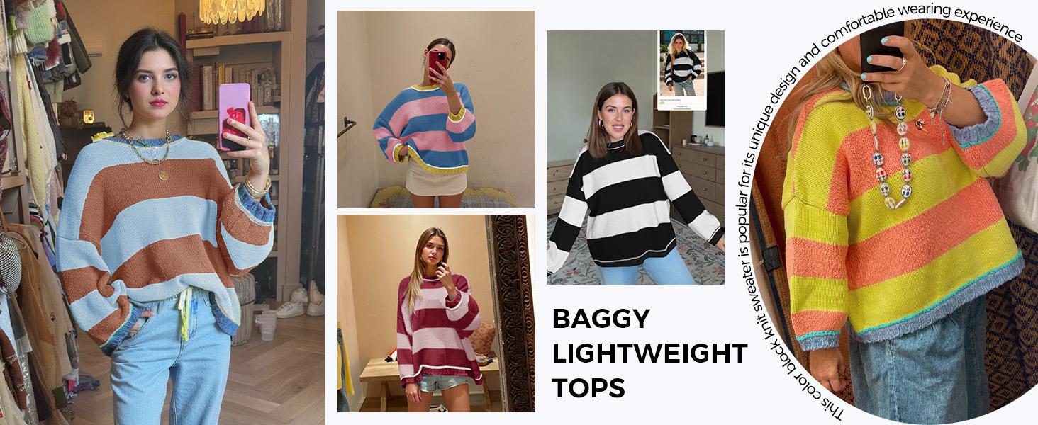 FISOEW Womens Oversized Sweaters Casual Long Sleeve Color Block Crewneck Knitted Loose Fall Pullover Tops Womenswear Knitwear Fit Comfy #TikTokShopHolidayHaul Soft Overall Everyday