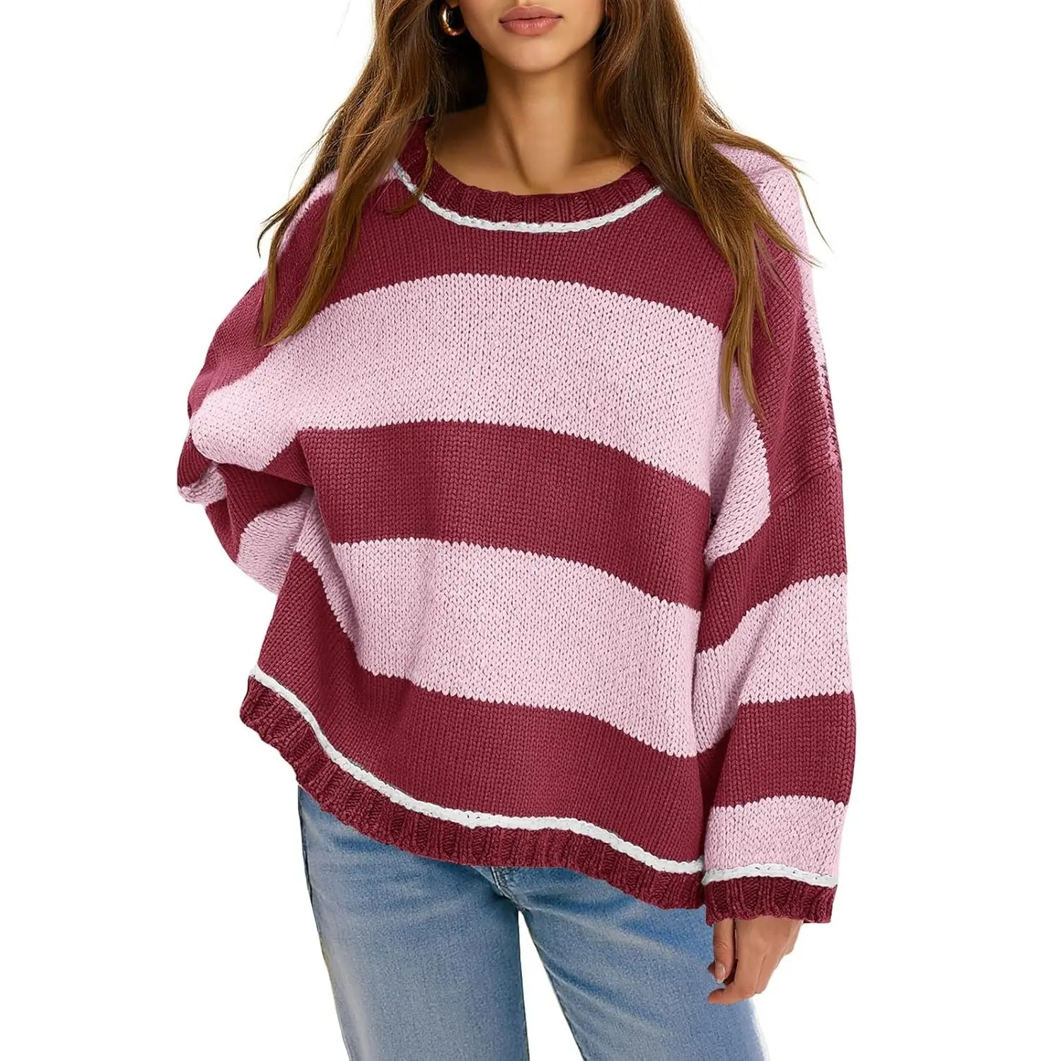 FISOEW Womens Oversized Color Block Sweater - Casual Pullover