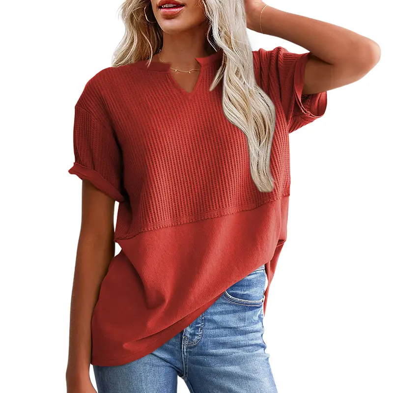 SHEWIN Cozy Oversized Waffle Knit V-Neck Top - Plus Size