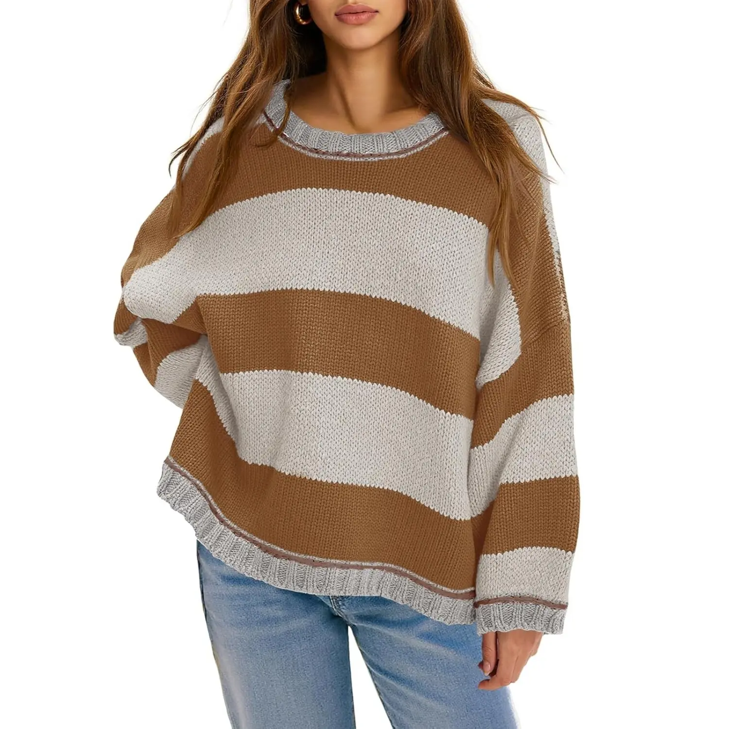 FISOEW Womens Oversized Color Block Sweater - Casual Pullover