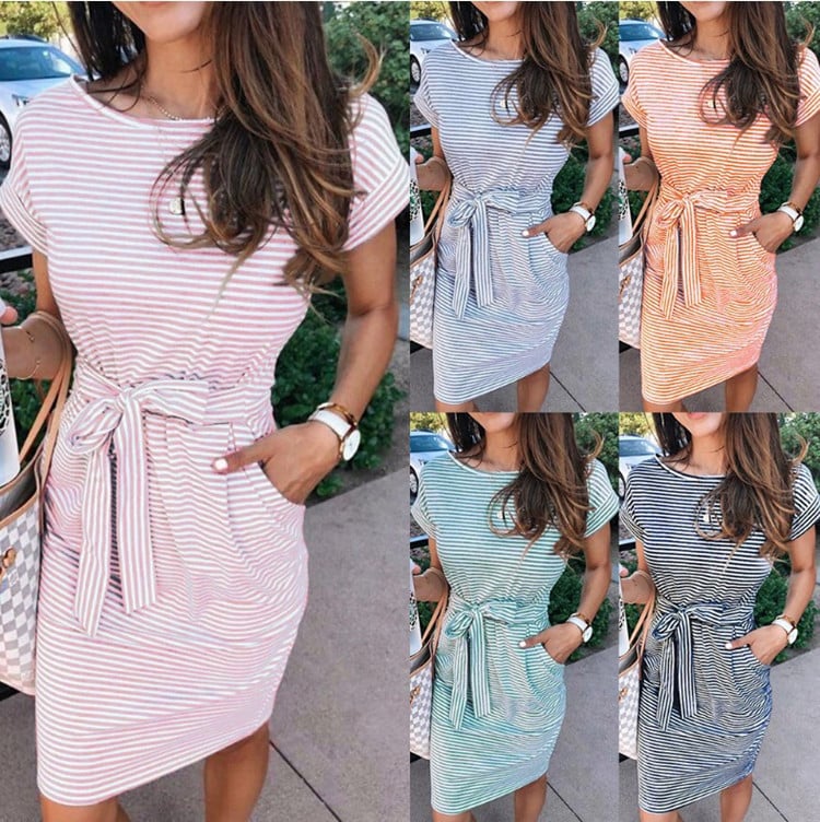 🔥Short Sleeve Tie Waist Pockets Striped Dress🔥