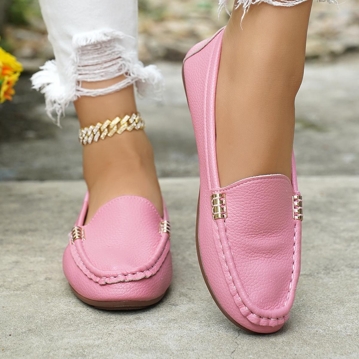 Women's Classic Plain Low Heel Shoes, Fashionable and Sexy, High-End Slanted Metal Chain Decoration, Comfortable Casual Footwear, Everyday Wear Footwear
