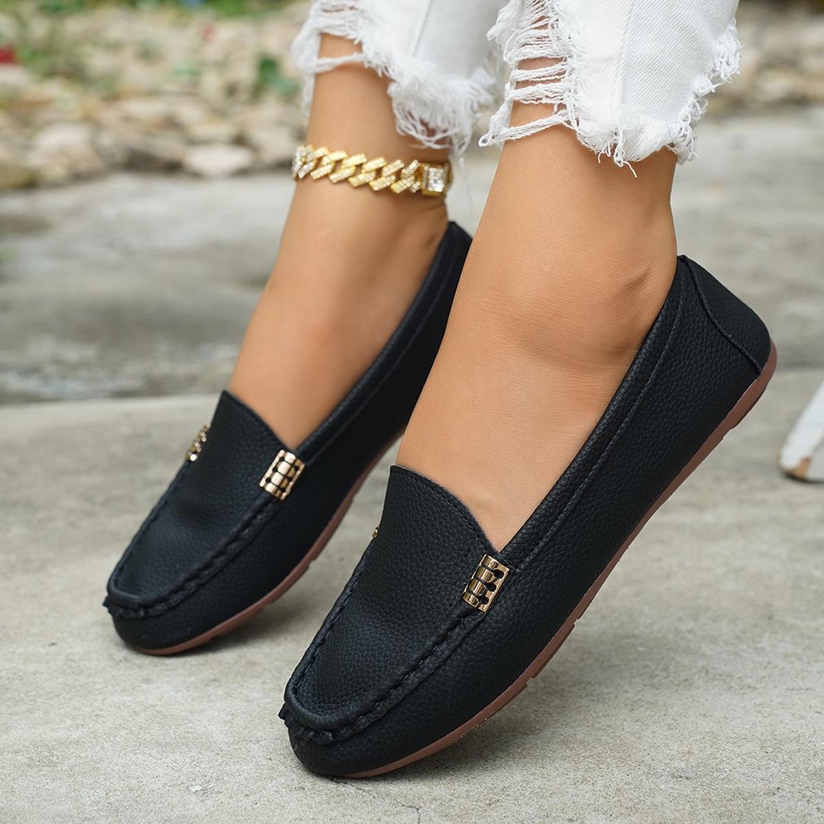 Women's Classic Plain Low Heel Shoes, Fashionable and Sexy, High-End Slanted Metal Chain Decoration, Comfortable Casual Footwear, Everyday Wear Footwear