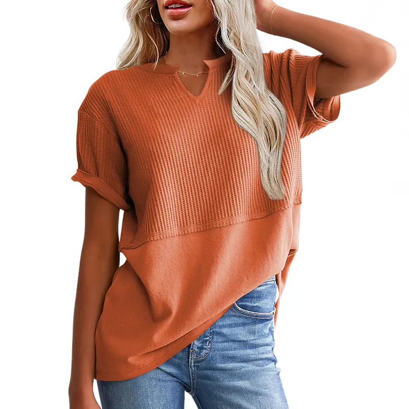 SHEWIN Cozy Oversized Waffle Knit V-Neck Top - Plus Size